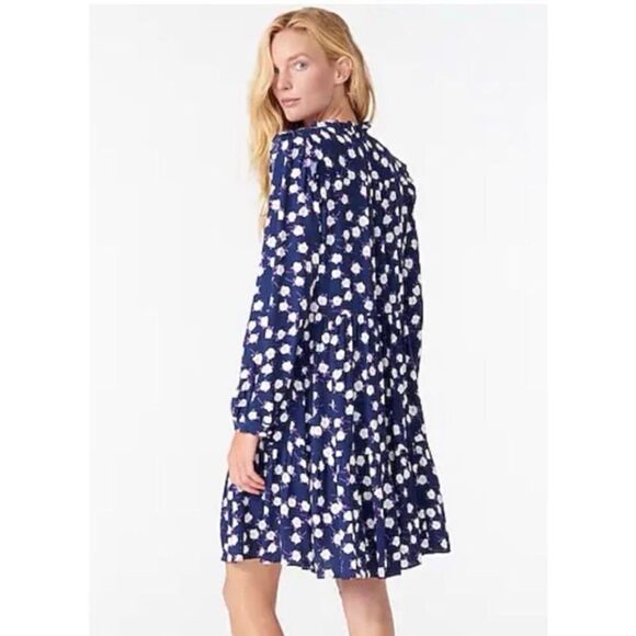 J Crew Dress Womens Purple Navy Scattered Peony Floral Tie Neck Tiered SZ M - Picture 2 of 16